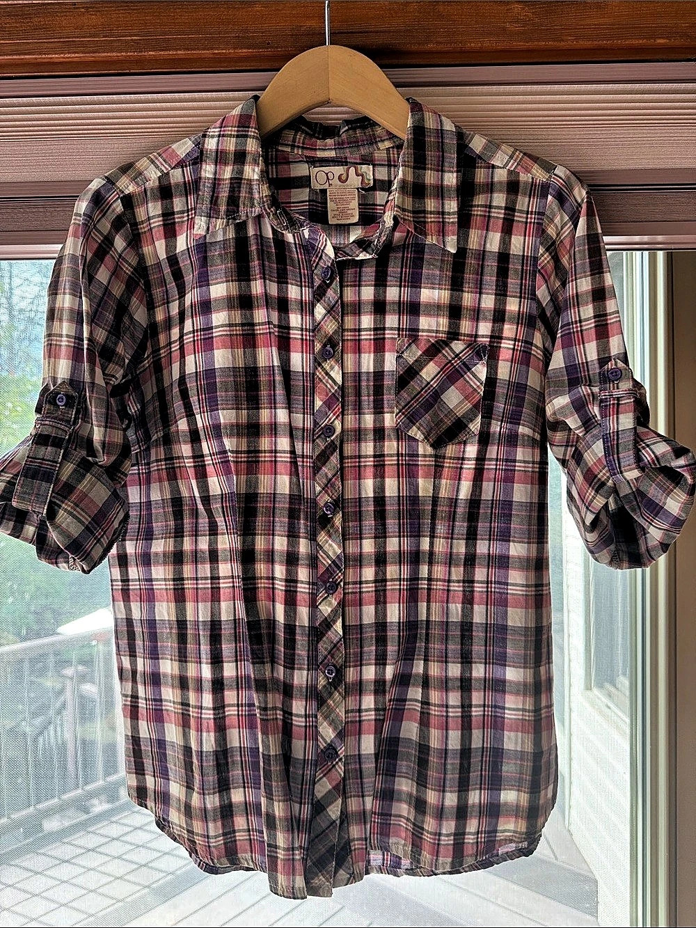 Life is Good Plaid Button Down Shirt in Red & Purple Size Large